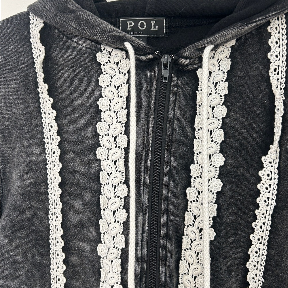 POL Black Lace-Trim Zip Hoodie - Picture 3 of 7